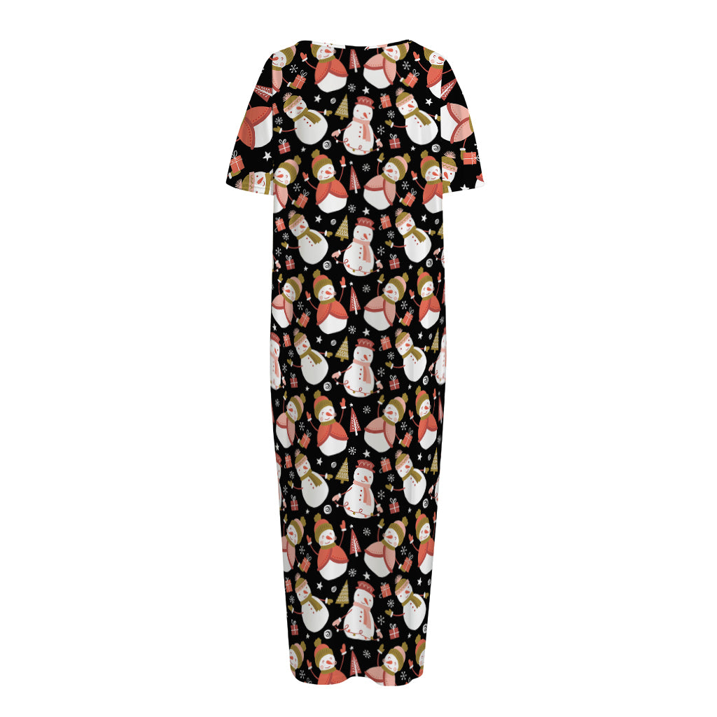 Holiday Snowman Pattern Print Short Sleeve Long Nightdress