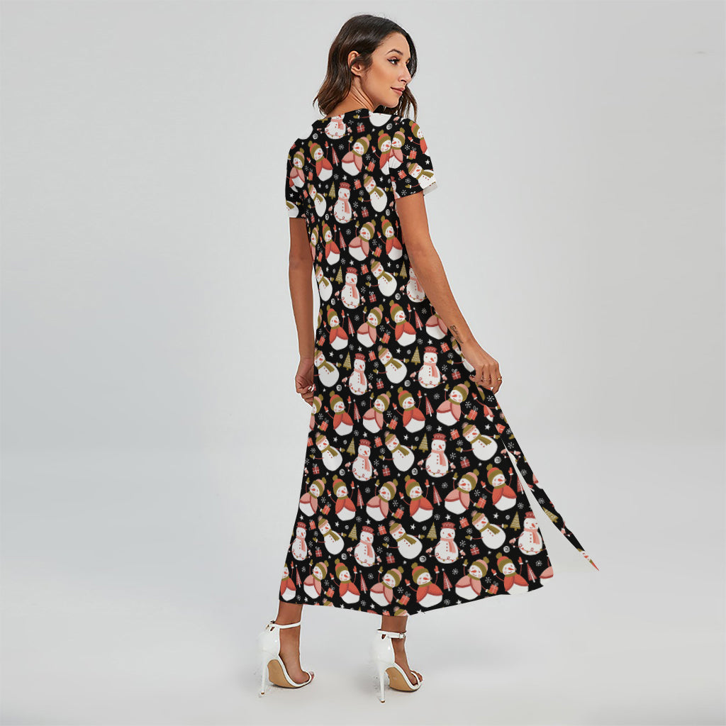 Holiday Snowman Pattern Print Short Sleeve Maxi Dress
