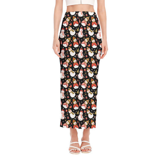 Holiday Snowman Pattern Print Side Slit Maxi Skirt