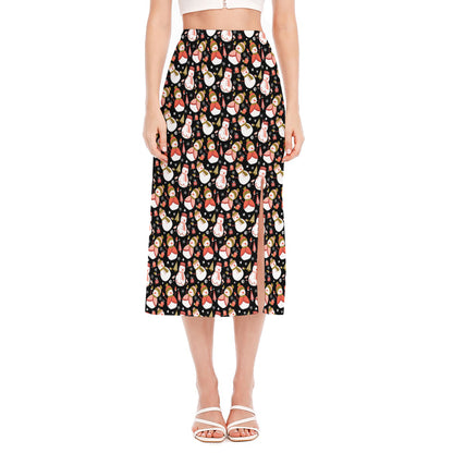 Holiday Snowman Pattern Print Side Slit Midi Skirt