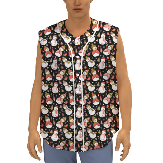 Holiday Snowman Pattern Print Sleeveless Baseball Jersey