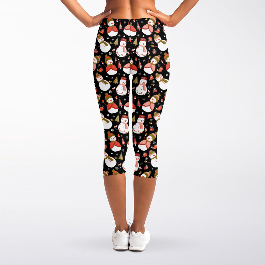 Holiday Snowman Pattern Print Women's Capri Leggings