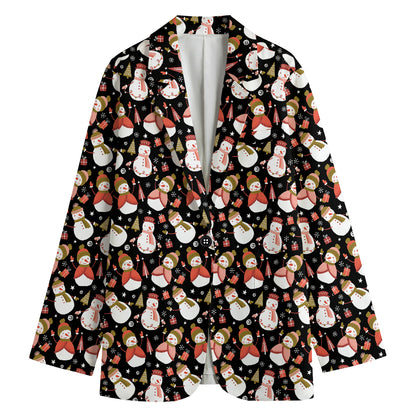 Holiday Snowman Pattern Print Women's Cotton Blazer