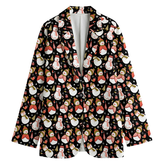 Holiday Snowman Pattern Print Women's Cotton Blazer