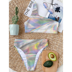 Holographic Art Print One Shoulder Bikini Top