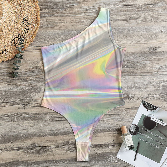 Holographic Art Print One Shoulder Bodysuit