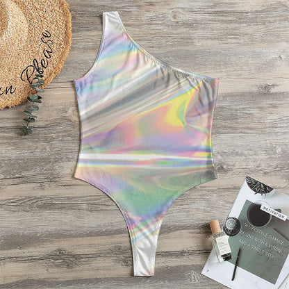 Holographic Art Print One Shoulder Bodysuit