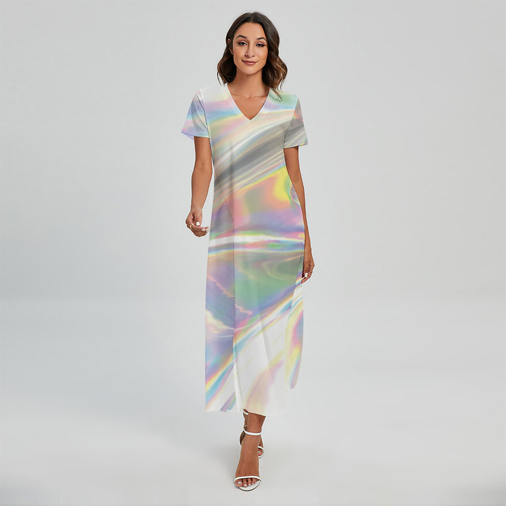Holographic Art Print Short Sleeve Maxi Dress
