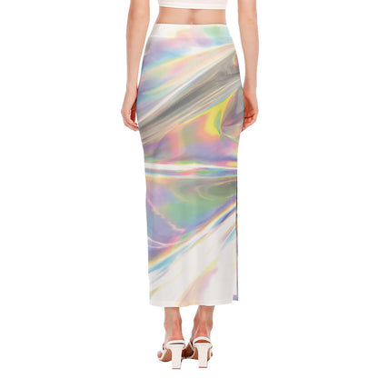 Holographic Art Print Side Slit Maxi Skirt