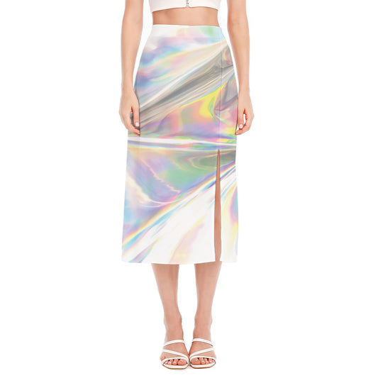 Holographic Art Print Side Slit Midi Skirt