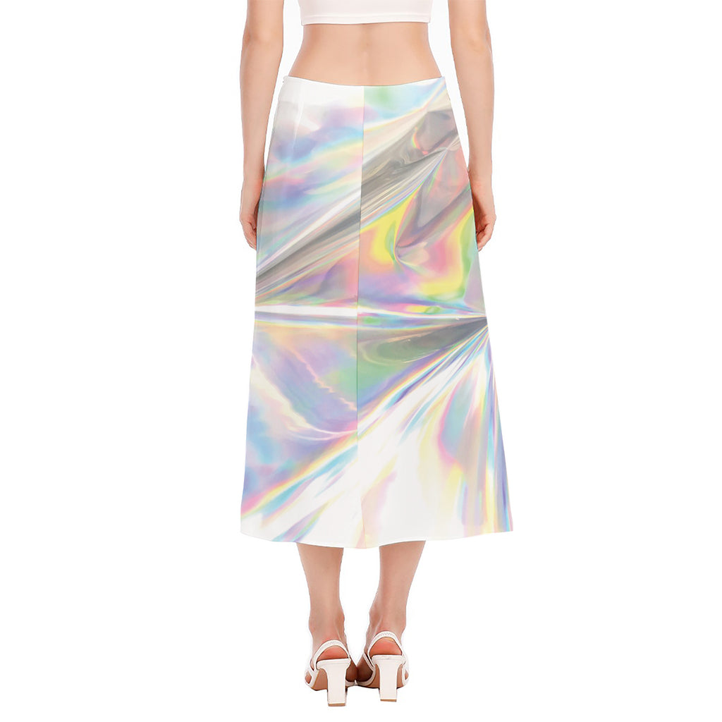 Holographic Art Print Side Slit Midi Skirt
