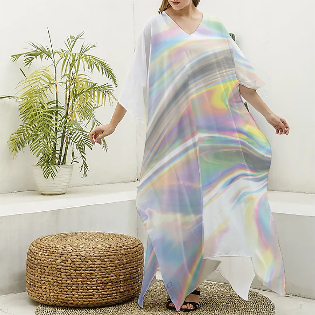 Holographic Art Print Silk V-Neck Kaftan Dress
