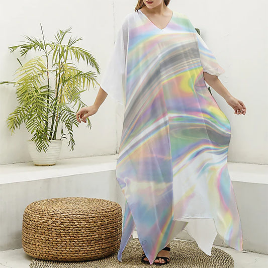 Holographic Art Print Silk V-Neck Kaftan Dress