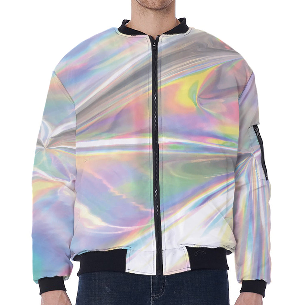 Holographic Art Print Zip Sleeve Bomber Jacket