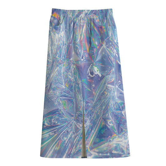 Holographic Artwork Print Cotton Front Slit Maxi Skirt