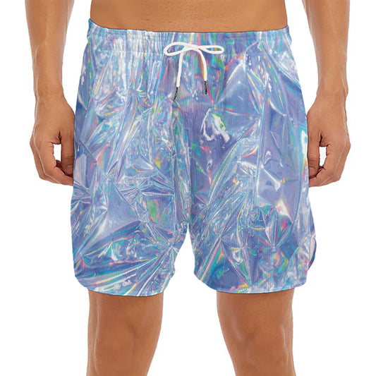 Holographic Artwork Print Men's Split Running Shorts