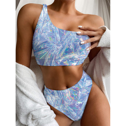 Holographic Artwork Print One Shoulder Bikini Top