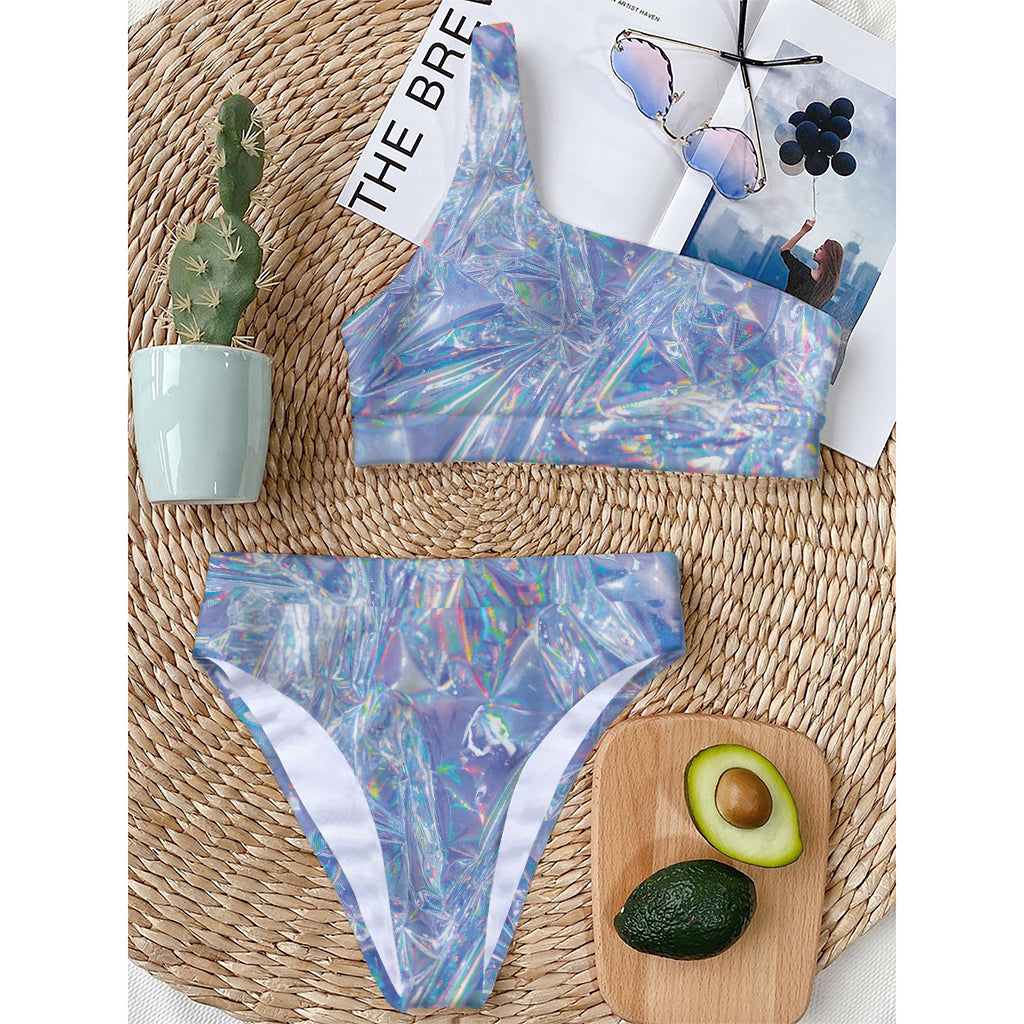 Holographic Artwork Print One Shoulder Bikini Top