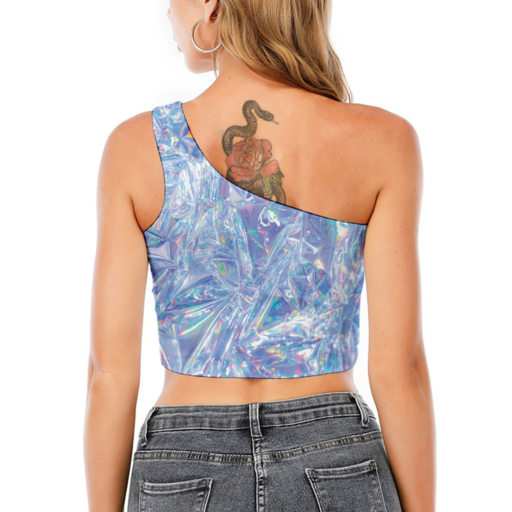 Holographic Artwork Print One Shoulder Crop Top