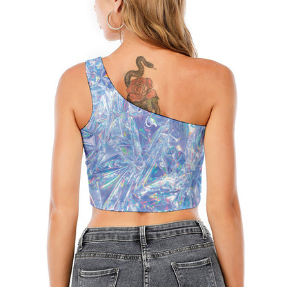 Holographic Artwork Print One Shoulder Crop Top