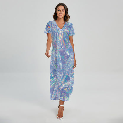 Holographic Artwork Print Short Sleeve Maxi Dress