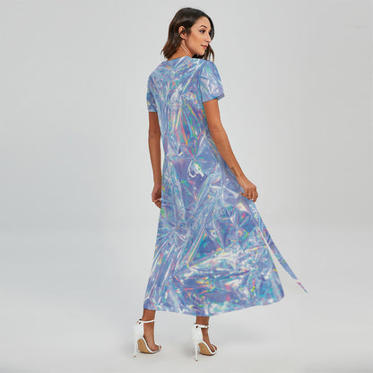 Holographic Artwork Print Short Sleeve Maxi Dress