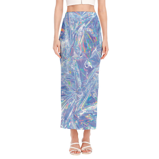 Holographic Artwork Print Side Slit Maxi Skirt
