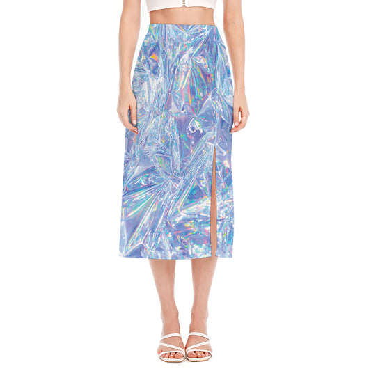 Holographic Artwork Print Side Slit Midi Skirt