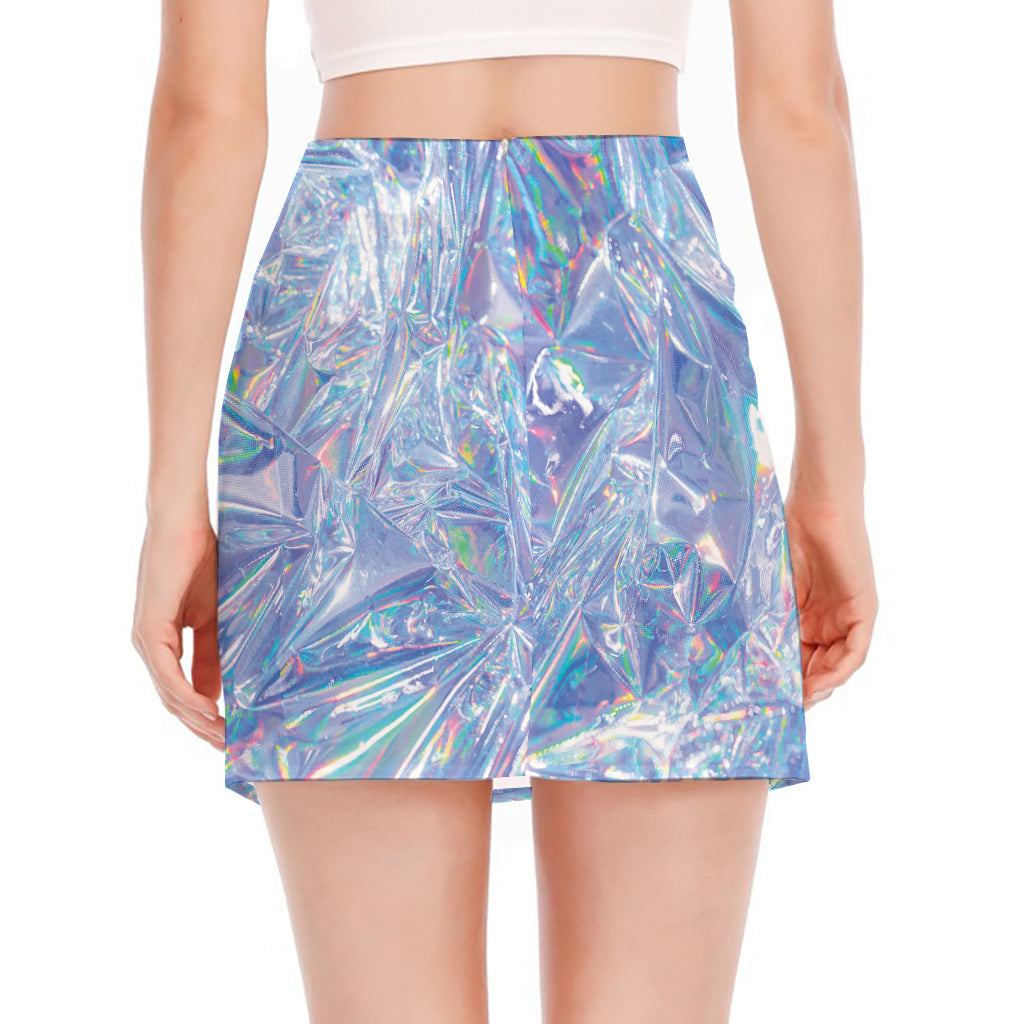 Holographic Artwork Print Side Slit Mini Skirt