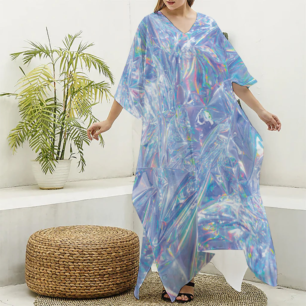 Holographic Artwork Print Silk V-Neck Kaftan Dress