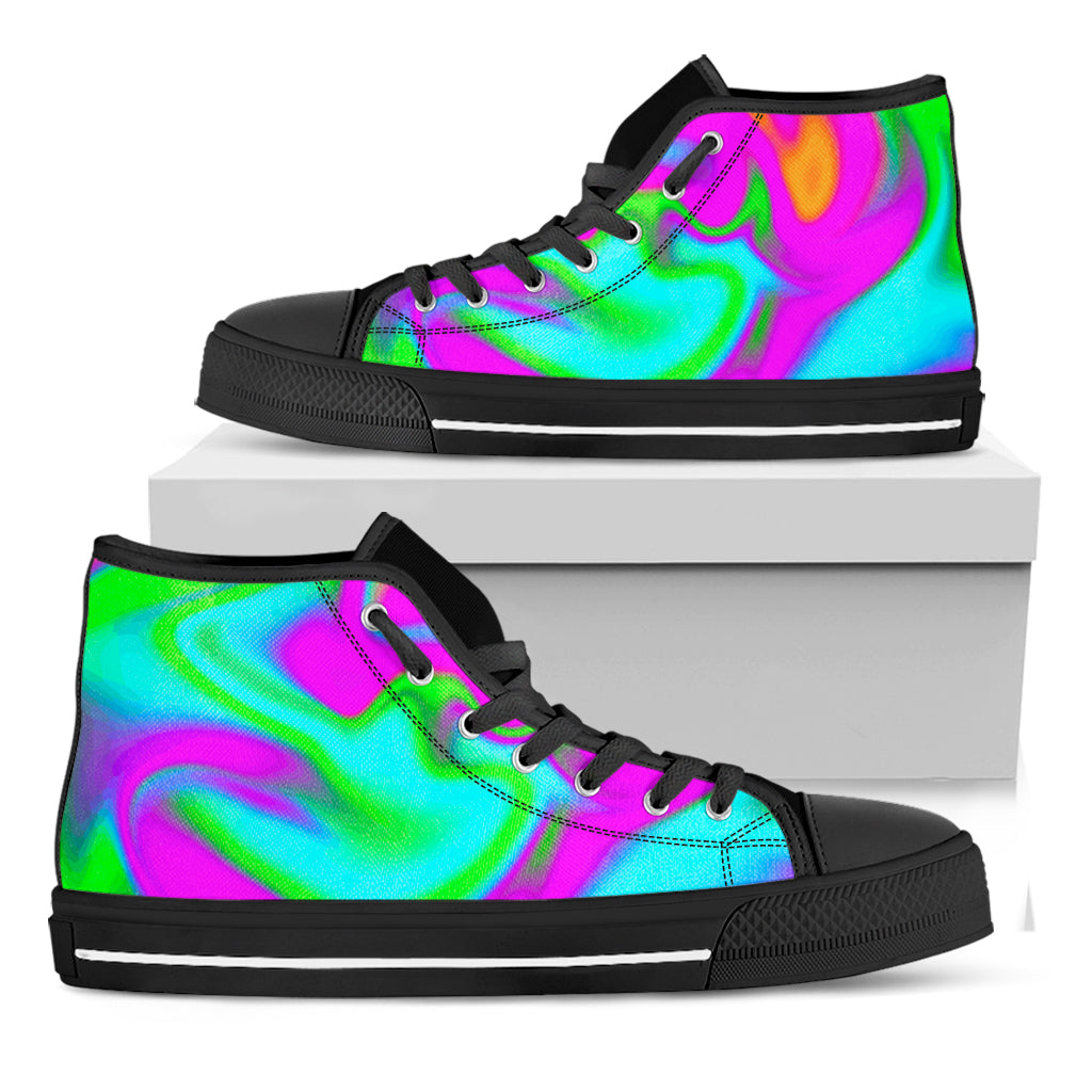Holographic Neon Liquid Trippy Print Black High Top Sneakers