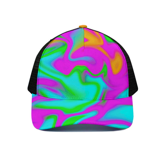Holographic Neon Liquid Trippy Print Black Mesh Trucker Cap