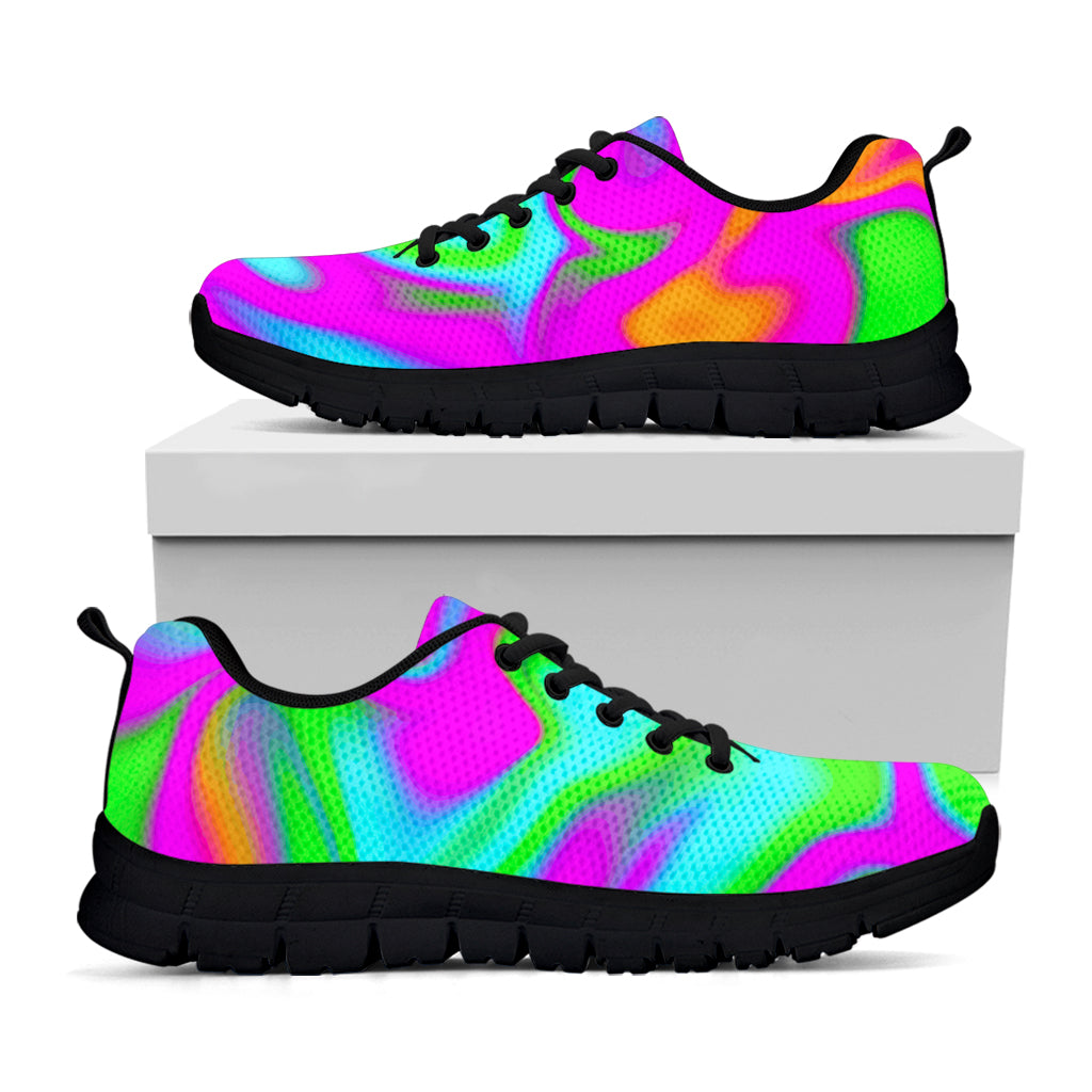 Holographic Neon Liquid Trippy Print Black Running Shoes