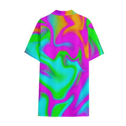 Holographic Neon Liquid Trippy Print Cotton Hawaiian Shirt
