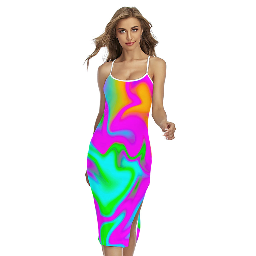 Holographic Neon Liquid Trippy Print Cross Back Cami Dress