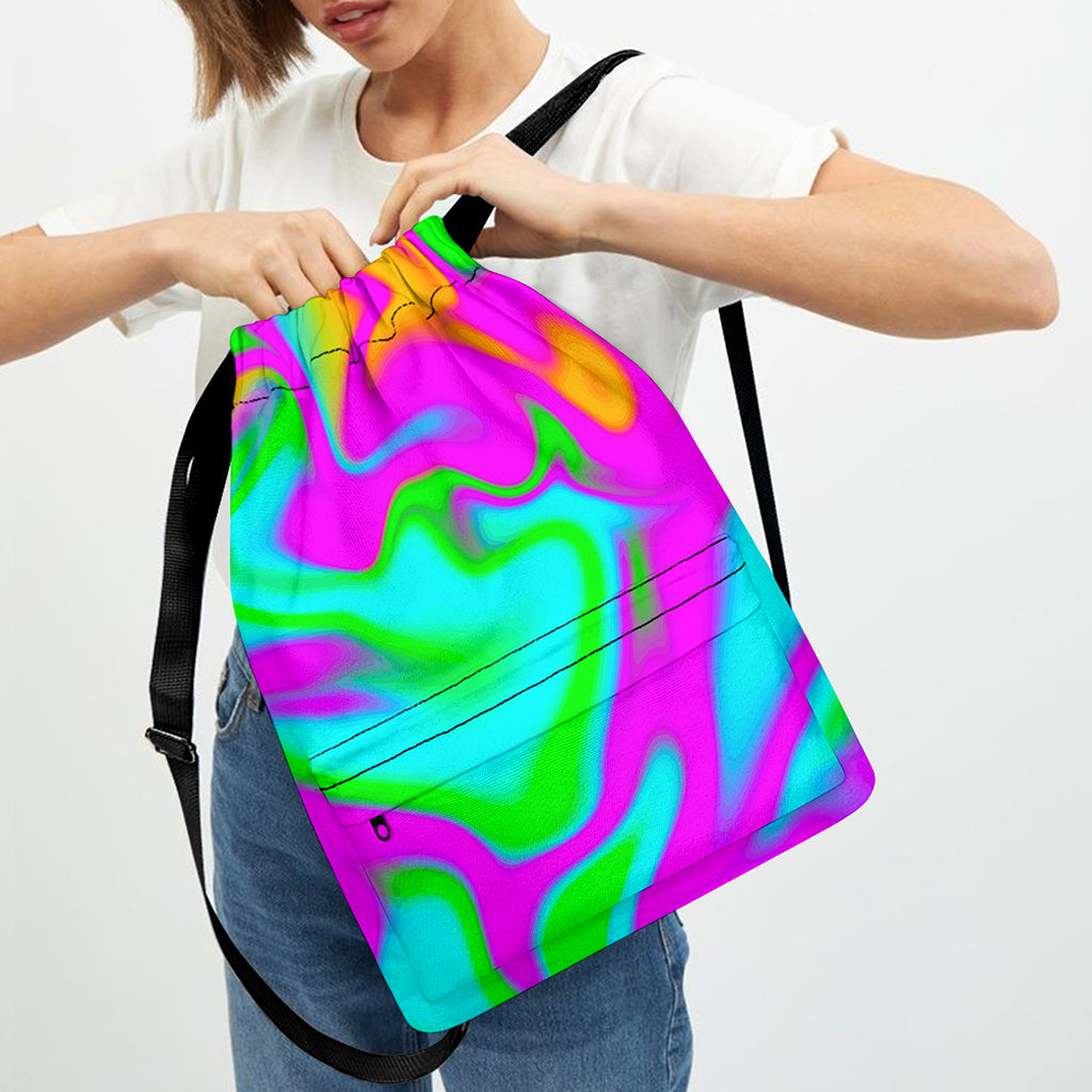 Holographic Neon Liquid Trippy Print Drawstring Backpack