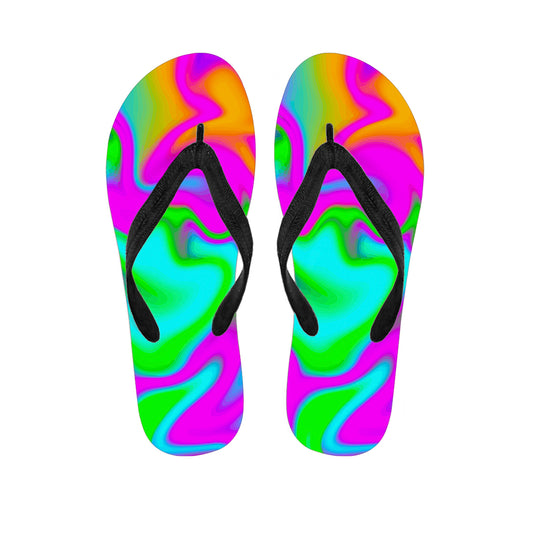 Holographic Neon Liquid Trippy Print Flip Flops