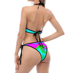 Holographic Neon Liquid Trippy Print Halter Scoop Tie Side Bikini