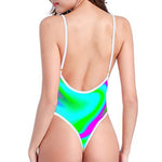 Holographic Neon Liquid Trippy Print High Cut One Piece Swimsuit