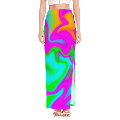 Holographic Neon Liquid Trippy Print High Slit Maxi Skirt