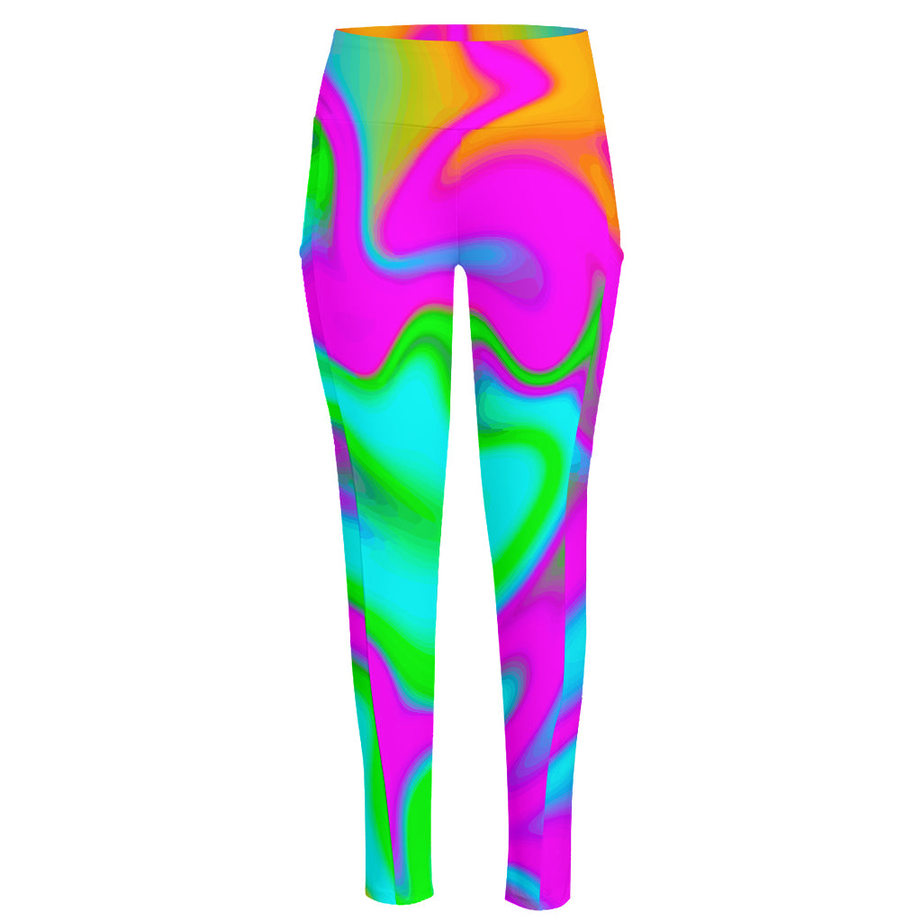 Holographic Neon Liquid Trippy Print High-Waisted Pocket Leggings