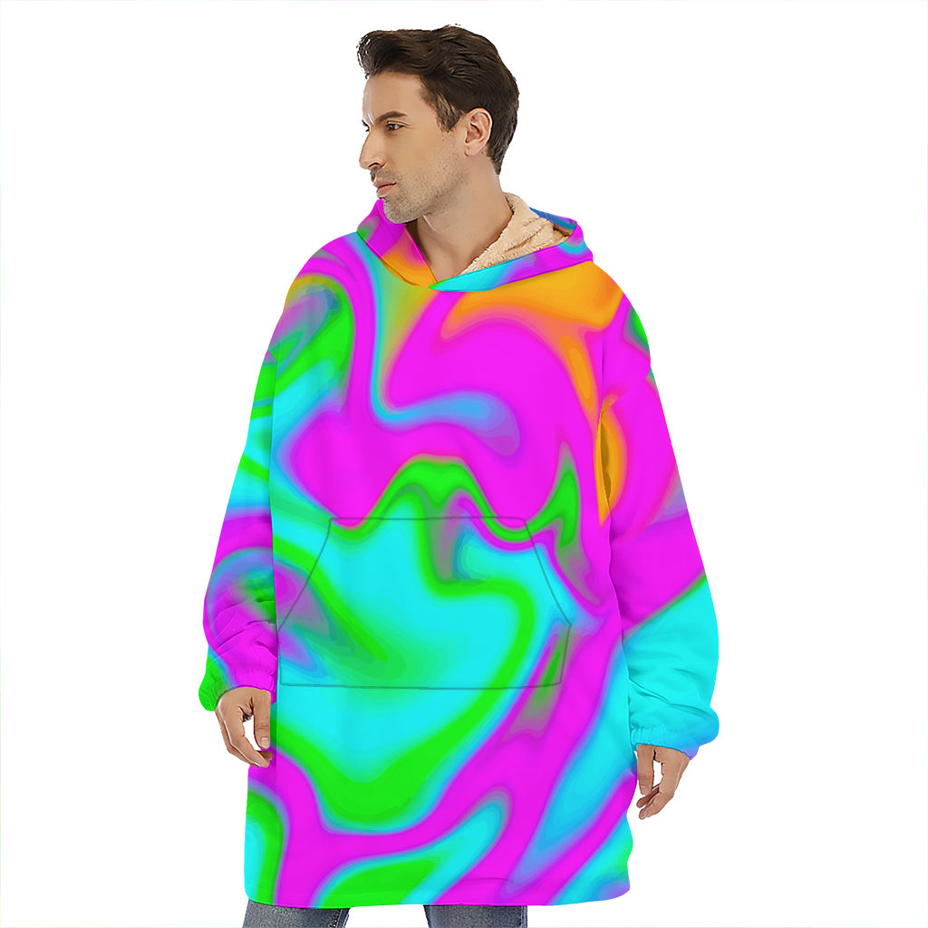 Holographic Neon Liquid Trippy Print Hoodie Blanket
