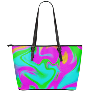 Holographic Neon Liquid Trippy Print Leather Tote Bag