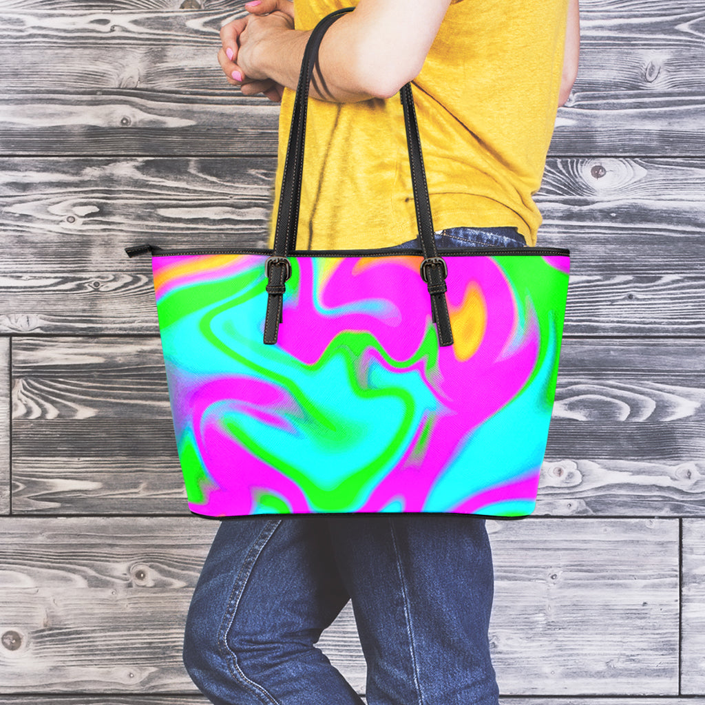 Holographic Neon Liquid Trippy Print Leather Tote Bag