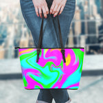 Holographic Neon Liquid Trippy Print Leather Tote Bag