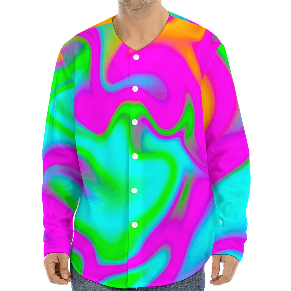 Holographic Neon Liquid Trippy Print Long Sleeve Baseball Jersey