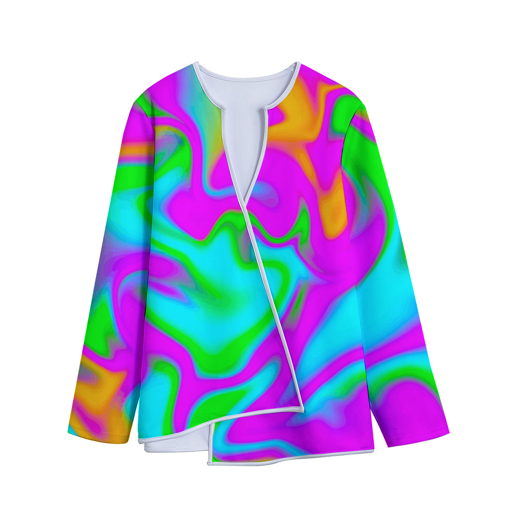 Holographic Neon Liquid Trippy Print Long Sleeve Short Coat