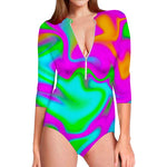 Holographic Neon Liquid Trippy Print Long Sleeve Swimsuit