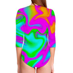 Holographic Neon Liquid Trippy Print Long Sleeve Swimsuit