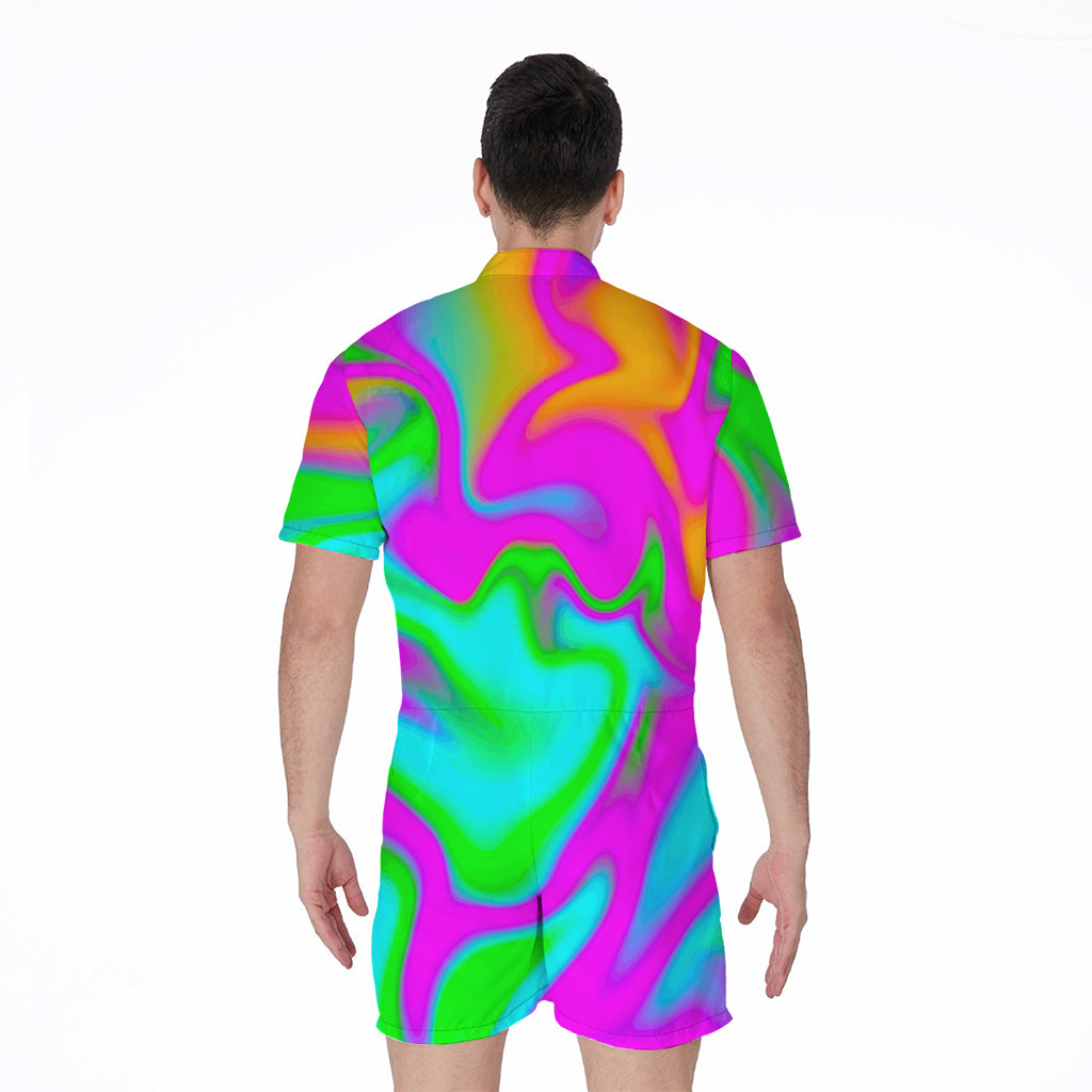 Holographic Neon Liquid Trippy Print Men's Rompers